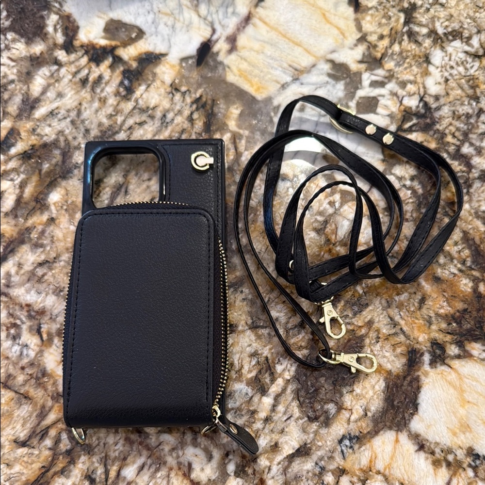 Black Textured iPhone 14 ProMax Case with Neck Strap